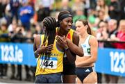 30 June 2024; Rhasidat Adeleke of Tallaght AC, Dublin, right, is congratulated by Gina Akpe-Moses of Blackrock AC, Louth, after winning the women's 100m during day two of the 123.ie National Outdoor Senior Championships at Morton Stadium in Santry, Dublin. Photo by Sam Barnes/Sportsfile