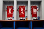 4 July 2024; The jersey of St Patrick's Athletic players, from left, Chris Forrester, Mason Melia and Kian Leavy hang in the dressing room before the SSE Airtricity Men's Premier Division match between Waterford and St Patrick's Athletic at the Regional Sports Centre in Waterford. Photo by Tyler Miller/Sportsfile