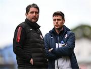 4 July 2024; Derry City manager Ruaidhrí Higgins and Sligo Rovers manager John Russell before the SSE Airtricity Men's Premier Division match between Sligo Rovers and Derry City at The Showgrounds in Sligo. Photo by Harry Murphy/Sportsfile