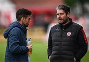 4 July 2024; Derry City manager Ruaidhrí Higgins and Sligo Rovers manager John Russell before the SSE Airtricity Men's Premier Division match between Sligo Rovers and Derry City at The Showgrounds in Sligo. Photo by Harry Murphy/Sportsfile