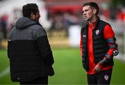 4 July 2024; Patrick McEleney of Derry City speaks with Derry City manager Ruaidhrí Higgins before the SSE Airtricity Men's Premier Division match between Sligo Rovers and Derry City at The Showgrounds in Sligo. Photo by Harry Murphy/Sportsfile