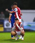 4 July 2024; Mason Melia of St Patrick's Athletic reacts after his side's defeat in the SSE Airtricity Men's Premier Division match between Waterford and St Patrick's Athletic at the Regional Sports Centre in Waterford. Photo by Tyler Miller/Sportsfile