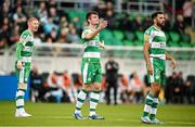 4 July 2024; Shamrock Rovers players, from left, Darragh Nugent, Josh Honohan, and Roberto Lopes during the SSE Airtricity Men's Premier Division match between Shamrock Rovers and Dundalk at Tallaght Stadium in Dublin. Photo by Seb Daly/Sportsfile