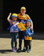 6 July 2024; Clare supporters, Sorcha Jane Frawley, aged 6, Oisín Frawley, aged 10, and Senan Frawley, aged 3, from Kildysart, Clare, ahead of the GAA Hurling All-Ireland Senior Championship semi-final match between Kilkenny and Clare at Croke Park in Dublin. Photo by Daire Brennan/Sportsfile