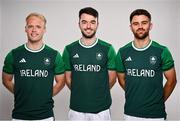 6 July 2024; Banbridge players, from left, Peter Brown, Johnny McKee and Kyle Marshall during the Team Ireland Paris 2024 team announcement for Hockey at the Crowne Plaza Hotel in Blanchardstown, Dublin. Photo by David Fitzgerald/Sportsfile