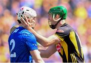 6 July 2024; Eoin Cody of Kilkenny reacts towards Adam Hogan of Clare after scoring their side's first goal during the GAA Hurling All-Ireland Senior Championship semi-final match between Kilkenny and Clare at Croke Park in Dublin. Photo by Stephen McCarthy/Sportsfile