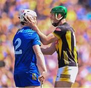 6 July 2024; Eoin Cody of Kilkenny reacts towards Adam Hogan of Clare after scoring their side's first goal during the GAA Hurling All-Ireland Senior Championship semi-final match between Kilkenny and Clare at Croke Park in Dublin. Photo by Stephen McCarthy/Sportsfile