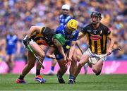 6 July 2024; Mark Rodgers of Clare in action against Paddy Deegan, left, and Mikey Butler of Kilkenny during the GAA Hurling All-Ireland Senior Championship semi-final match between Kilkenny and Clare at Croke Park in Dublin. Photo by Piaras Ó Mídheach/Sportsfile