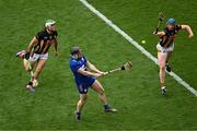 6 July 2024; Tony Kelly of Clare has his shot blocked by John Donnelly of Kilkenny during the GAA Hurling All-Ireland Senior Championship semi-final match between Kilkenny and Clare at Croke Park in Dublin. Photo by Daire Brennan/Sportsfile