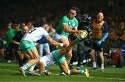 6 July 2024; James Lowe of Ireland beats the tackles of and Jesse Kriel and Cheslin Kolbe of South Africa, in the lead up to Ireland's first try, during the first test between South Africa and Ireland at Loftus Versfeld Stadium in Pretoria, South Africa. Photo by Brendan Moran/Sportsfile