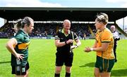 6 July 2024; Referee Barry Redmond performs the coin toss alongside captains Niamh Carmody of Kerry and Meath goalkeeper Monica McGuirk before the TG4 All-Ireland Ladies Football Senior Championship quarter-final match between Kerry and Meath at Austin Stack Park in Tralee, Kerry. Photo by Tyler Miller/Sportsfile