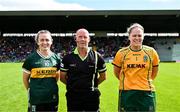 6 July 2024; Referee Barry Redmond poses for a photograph alongside captains Niamh Carmody of Kerry and Meath goalkeeper Monica McGuirk before the TG4 All-Ireland Ladies Football Senior Championship quarter-final match between Kerry and Meath at Austin Stack Park in Tralee, Kerry. Photo by Tyler Miller/Sportsfile