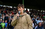 6 July 2024; Karen Trench of Finuge/St Senans GAA performs Amhrán na bhFiann before the TG4 All-Ireland Ladies Football Senior Championship quarter-final match between Kerry and Meath at Austin Stack Park in Tralee, Kerry. Photo by Tyler Miller/Sportsfile