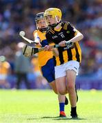 6 July 2024; Harry Brennan, St Aidan's National School, Kilmanagh, Kilkenny, a son of Eddie, goes past Cillian Casey, Toureen national School, Ballyhaunis, Co Mayo, representing Clare, during the GAA INTO Cumann na mBunscol Respect Exhibition Go Games at the GAA Hurling All-Ireland Senior Championship semi-final match between Kilkenny and Clare at Croke Park in Dublin. Photo by Ray McManus/Sportsfile