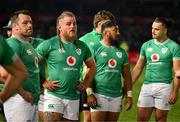 6 July 2024; Ireland players, from left, Cian Healy, Finlay Bealham, Bundee Aki and James Lowe after the first test between South Africa and Ireland at Loftus Versfeld Stadium in Pretoria, South Africa. Photo by Brendan Moran/Sportsfile