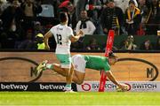 6 July 2024; James Lowe of Ireland scores a try, which was subsequently disallowed by the TMO, during the first test between South Africa and Ireland at Loftus Versfeld Stadium in Pretoria, South Africa. Photo by Brendan Moran/Sportsfile