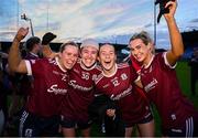 6 July 2024; Galway players, from left, Emma Reaney, Shauna Hynes, Niamh Divilly and Ailish Morrissey celebrate after their side's victory in the TG4 All-Ireland Ladies Football Senior Championship quarter-final match between Dublin and Galway at Parnell Park in Dublin. Photo by Seb Daly/Sportsfile