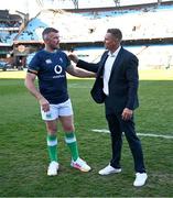 6 July 2024; Ireland captain Peter O’Mahony meetd former Munster teammate and current Supersport avalyst Jean de Villiers before the first test between South Africa and Ireland at Loftus Versfeld Stadium in Pretoria, South Africa. Photo by Brendan Moran/Sportsfile