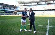 6 July 2024; Ireland captain Peter O’Mahony meetd former Munster teammate and current Supersport avalyst Jean de Villiers before the first test between South Africa and Ireland at Loftus Versfeld Stadium in Pretoria, South Africa. Photo by Brendan Moran/Sportsfile