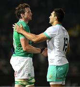 6 July 2024; Ryan Baird of Ireland, left, shakes hands with Damian de Allende of South Africa after the first test between South Africa and Ireland at Loftus Versfeld Stadium in Pretoria, South Africa. Photo by Brendan Moran/Sportsfile
