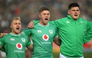 6 July 2024; Ireland players, from left, Craig Casey, Jack Crowley and Dan Sheehan during the national anthems before the first test between South Africa and Ireland at Loftus Versfeld Stadium in Pretoria, South Africa. Photo by Brendan Moran/Sportsfile