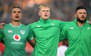 6 July 2024; Ireland players, from left, James Lowe, Jamie Osborne and Robbie Henshaw during the national anthems before the first test between South Africa and Ireland at Loftus Versfeld Stadium in Pretoria, South Africa. Photo by Brendan Moran/Sportsfile