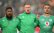 6 July 2024; Ireland players, from left, Bundee Aki, Ciarán Frawley and James Lowe during the national anthems before the first test between South Africa and Ireland at Loftus Versfeld Stadium in Pretoria, South Africa. Photo by Brendan Moran/Sportsfile