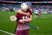 7 July 2024; Galway players Ailish O'Reilly, left, and Niamh Hanniffy after their side's victory in the Glen Dimplex Senior Camogie All-Ireland Championship quarter-final match between Galway and Waterford at Croke Park in Dublin. Photo by Seb Daly/Sportsfile