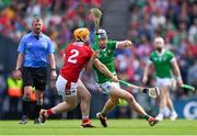 7 July 2024; David Reidy of Limerick in action against Niall O'Leary of Cork during the GAA Hurling All-Ireland Senior Championship semi-final match between Limerick and Cork at Croke Park in Dublin. Photo by Stephen McCarthy/Sportsfile