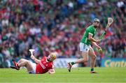 7 July 2024; David Reidy of Limerick in action against Niall O'Leary of Cork during the GAA Hurling All-Ireland Senior Championship semi-final match between Limerick and Cork at Croke Park in Dublin. Photo by Stephen McCarthy/Sportsfile