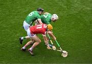 7 July 2024; Shane Barrett of Cork in action against Declan Hannon, left, and Kyle Hayes of Limerick during the GAA Hurling All-Ireland Senior Championship semi-final match between Limerick and Cork at Croke Park in Dublin. Photo by Daire Brennan/Sportsfile