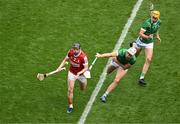 7 July 2024; Darragh Fitzgibbon of Cork in action against Kyle Hayes of Limerick during the GAA Hurling All-Ireland Senior Championship semi-final match between Limerick and Cork at Croke Park in Dublin. Photo by Daire Brennan/Sportsfile