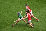 7 July 2024; David Reidy of Limerick in action against Eoin Downey of Cork during the GAA Hurling All-Ireland Senior Championship semi-final match between Limerick and Cork at Croke Park in Dublin. Photo by Daire Brennan/Sportsfile