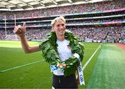 7 July 2024; Luke Houser of University of Washington after winning the historic mile record attempt staged at Croke Park as part of the GAA’s Tailteann Games commemoration at half time of the GAA Hurling All-Ireland Senior Championship Semi-Final between Limerick and Cork. Photo by Stephen McCarthy/Sportsfile