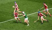 7 July 2024; Aaron Gillane of Limerick in action against Eoin Downey of Cork during the GAA Hurling All-Ireland Senior Championship semi-final match between Limerick and Cork at Croke Park in Dublin. Photo by Daire Brennan/Sportsfile