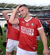 7 July 2024; Cork players Shane Kingston, front and Shane Barrett after their side's victory in during the GAA Hurling All-Ireland Senior Championship semi-final match between Limerick and Cork at Croke Park in Dublin. Photo by Seb Daly/Sportsfile