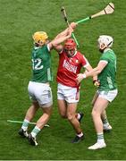 7 July 2024; Ciarán Joyce of Cork in action against Tom Morrissey, left, and Cian Lynch of Limerick during the GAA Hurling All-Ireland Senior Championship semi-final match between Limerick and Cork at Croke Park in Dublin. Photo by Daire Brennan/Sportsfile