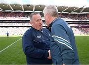 7 July 2024; Cork manager Pat Ryan, left, and Limerick manager John Kiely shake hands after the GAA Hurling All-Ireland Senior Championship semi-final match between Limerick and Cork at Croke Park in Dublin. Photo by Seb Daly/Sportsfile