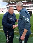 7 July 2024; Cork manager Pat Ryan, left, and Limerick manager John Kiely shake hands after the GAA Hurling All-Ireland Senior Championship semi-final match between Limerick and Cork at Croke Park in Dublin. Photo by Seb Daly/Sportsfile