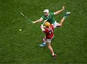 7 July 2024; Shane Barrett of Cork has his shot blocked by Kyle Hayes of Limerick during the GAA Hurling All-Ireland Senior Championship semi-final match between Limerick and Cork at Croke Park in Dublin. Photo by Daire Brennan/Sportsfile