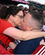 7 July 2024; Cork manager Pat Ryan is congratulated by his wife Tricia after his side's victory in the GAA Hurling All-Ireland Senior Championship semi-final match between Limerick and Cork at Croke Park in Dublin. Photo by Seb Daly/Sportsfile