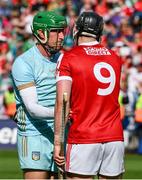7 July 2024; Limerick goalkeeper Nickie Quaid with Darragh Fitzgibbon of Cork after the GAA Hurling All-Ireland Senior Championship semi-final match between Limerick and Cork at Croke Park in Dublin. Photo by Ray McManus/Sportsfile