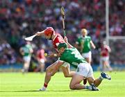 7 July 2024; Alan Connolly of Cork is tackled by Sean Finn of Limerick during the GAA Hurling All-Ireland Senior Championship semi-final match between Limerick and Cork at Croke Park in Dublin. Photo by Ray McManus/Sportsfile