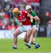7 July 2024; Declan Dalton of Cork in action against Kyle Hayes of Limerick during the GAA Hurling All-Ireland Senior Championship semi-final match between Limerick and Cork at Croke Park in Dublin. Photo by Stephen McCarthy/Sportsfile