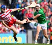 7 July 2024; Aaron Gillane of Limerick has his shot on goal blocked by Cork goalkeeper Patrick Collins during the GAA Hurling All-Ireland Senior Championship semi-final match between Limerick and Cork at Croke Park in Dublin. Photo by Stephen McCarthy/Sportsfile