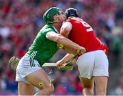 7 July 2024; Darragh Fitzgibbon of Cork is tackled by Sean Finn of Limerick during the GAA Hurling All-Ireland Senior Championship semi-final match between Limerick and Cork at Croke Park in Dublin. Photo by Ray McManus/Sportsfile