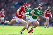 7 July 2024; Alan Connolly of Cork in action against Sean Finn of Limerick during the GAA Hurling All-Ireland Senior Championship semi-final match between Limerick and Cork at Croke Park in Dublin. Photo by Ray McManus/Sportsfile