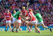 7 July 2024; Shane Barrett of Cork is tackled by Diarmaid Byrnes of Limerick during the GAA Hurling All-Ireland Senior Championship semi-final match between Limerick and Cork at Croke Park in Dublin. Photo by Stephen McCarthy/Sportsfile