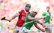 7 July 2024; Aaron Gillane of Limerick in action against Seán O'Donoghue of Cork during the GAA Hurling All-Ireland Senior Championship semi-final match between Limerick and Cork at Croke Park in Dublin. Photo by Seb Daly/Sportsfile