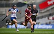 7 July 2024; Niamk Kilkenny of Galway in action against Orla Hickey of Waterford during the Glen Dimplex Senior Camogie All-Ireland Championship quarter-final match between Galway and Waterford at Croke Park in Dublin. Photo by Seb Daly/Sportsfile